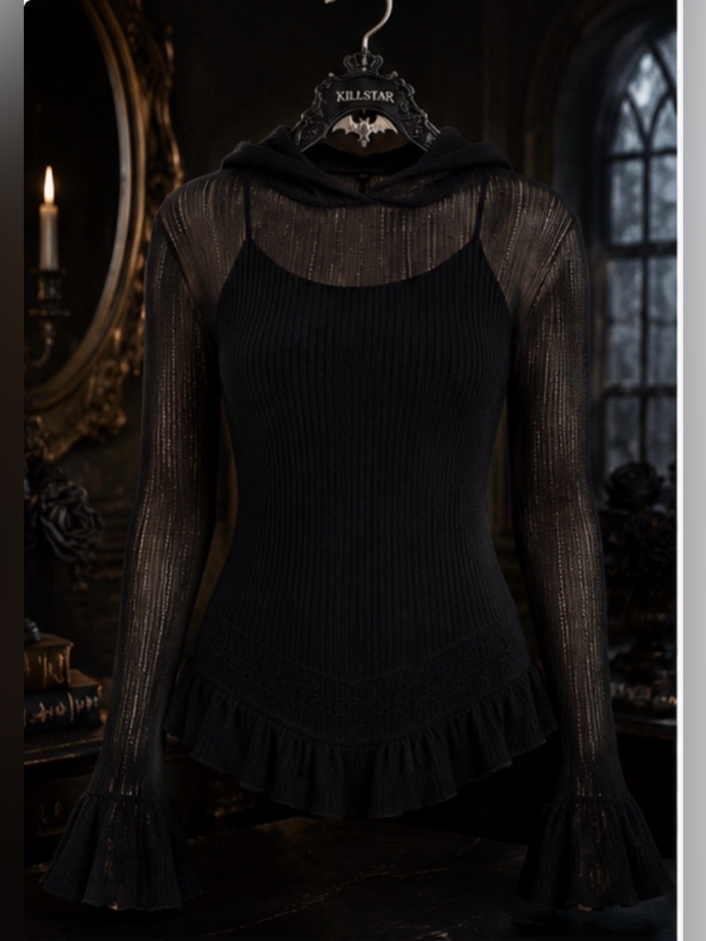NWT Killstar Broken Halo Hooded Pointelle Knit Sweater Black Size Large - Picture 5 of 13